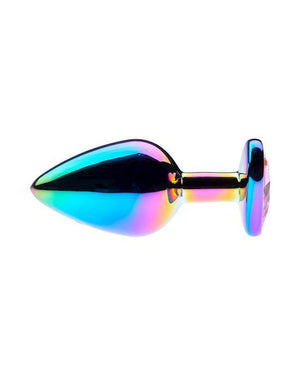 A cone shaped shiny metaalic object with a rainbow sheen that has a flat base.