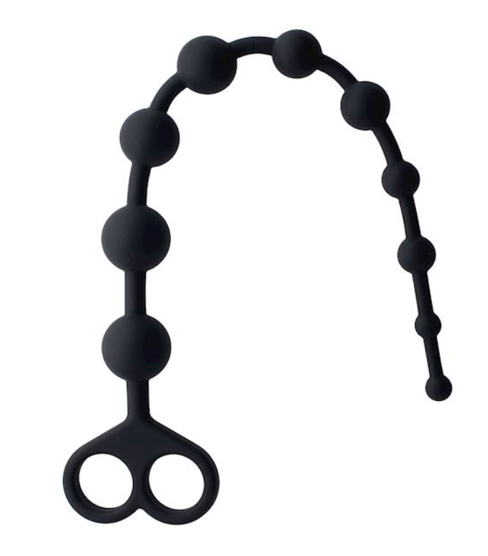 Two silicone rings are attached to a long tail that has bumps all along it's length and the whole item is a black colour and is pictured on a white background.